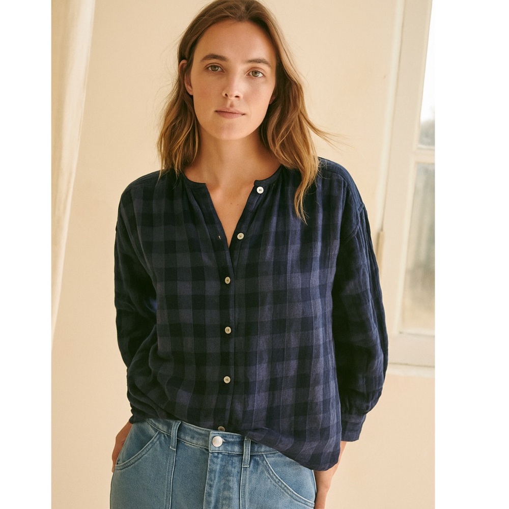 Alex Mill Navy Plaid Button-Up Blouse